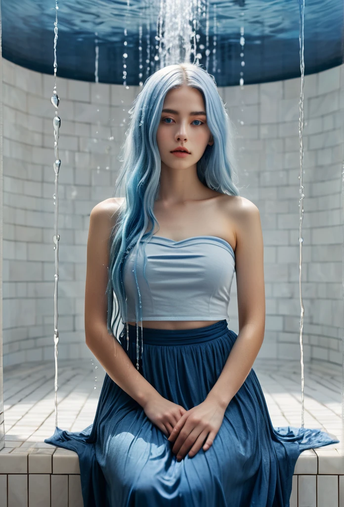 photography, high detail, realistic, ((On front a white coloured Tiled Wall)) inside a large Water CAPSULE with water falling down and up around her is a Beautiful gil with long Light blue hair, a viel cover her face. she wears ancient long blue splited skirts on both sides of long skirt. Aslo wear a blue strapless tank top. The Character holds a scepter that has atoms blue sphere with molecules