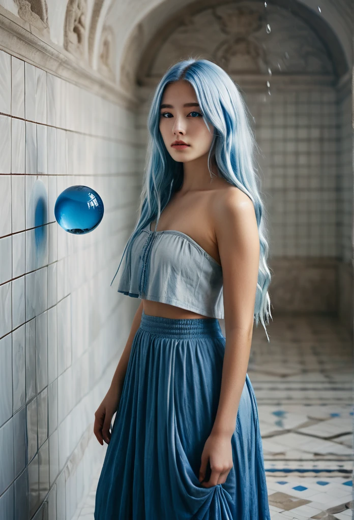 photography, high detail, realistic, ((On front a white coloured Tiled Wall)) inside a large Water CAPSULE with water falling down and up around her is a Beautiful gil with long Light blue hair, a viel cover her face. she wears ancient long blue splited skirts on both sides of long skirt. Aslo wear a blue strapless tank top. The Character holds a scepter that has atoms blue sphere with molecules