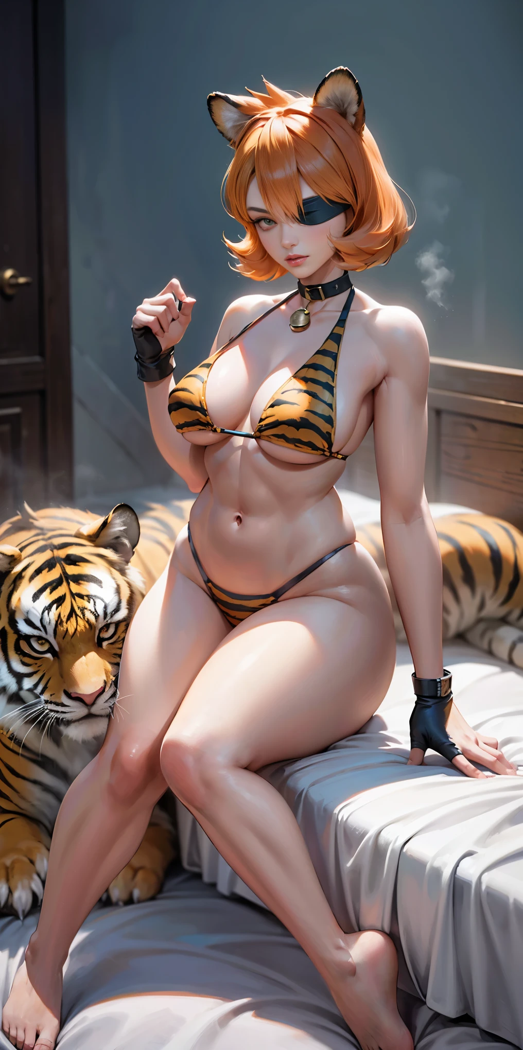 1girl, Misty Pokemon, side ponytail, orange hair gazed (blindfolded), animal tiger ears, animal tiger hands, animal tiger print, bell, bikini, breasts, choker, claws, cleavage, collar, full body, gloves, large breasts, pink lips, long hair, looking at viewer, navel, neck bell, on bed, tiger paw gloves, tail, thigh highs, tiger ears, tiger print, tiger tail, white long hair, sitting on bed bedroom background,  ((perfect face)) ((perfect hands)) high resolution, highly detailed image, thick thighs, Beautiful background, volumetric lighting