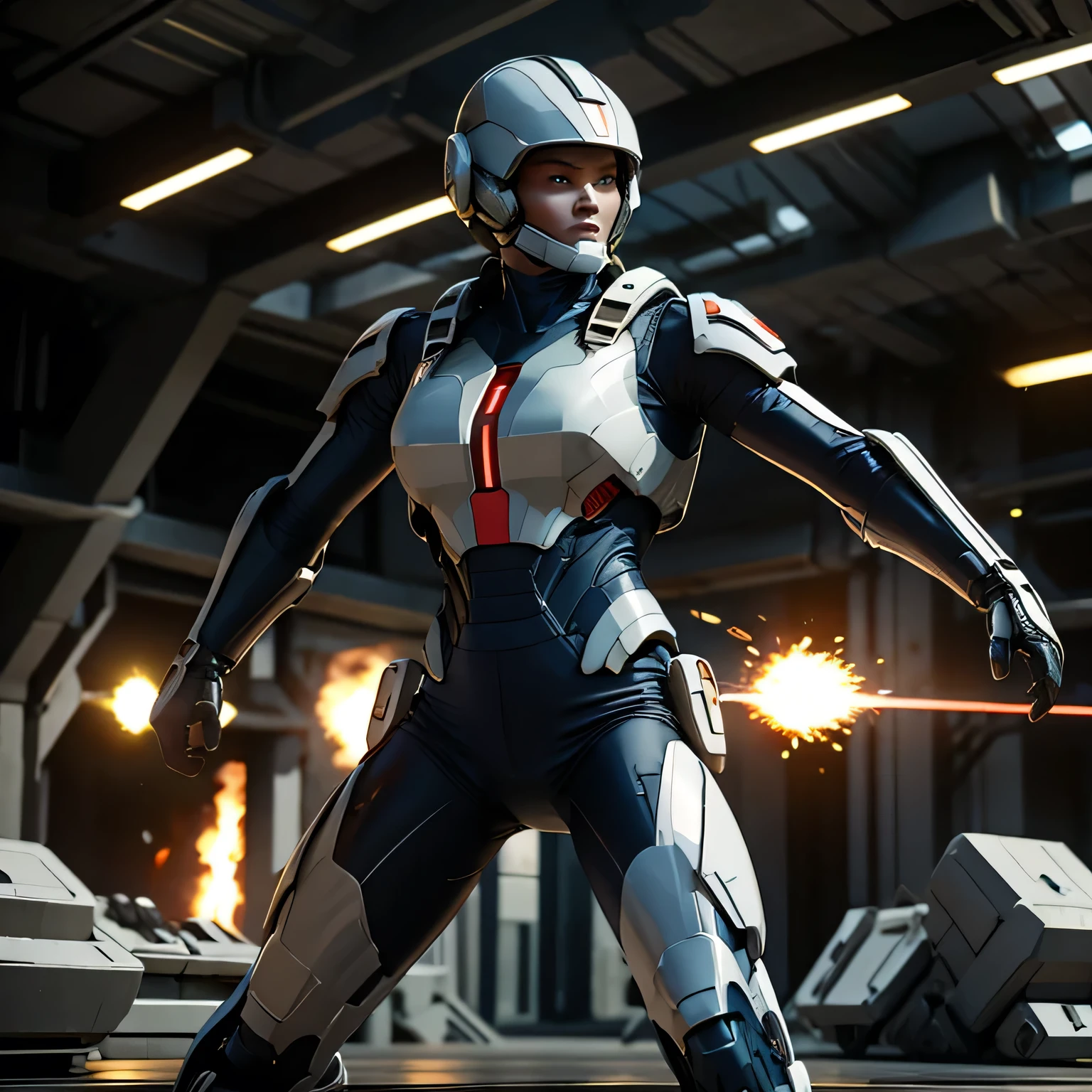 Futuristic soldier in a battle with explotions and laser firing