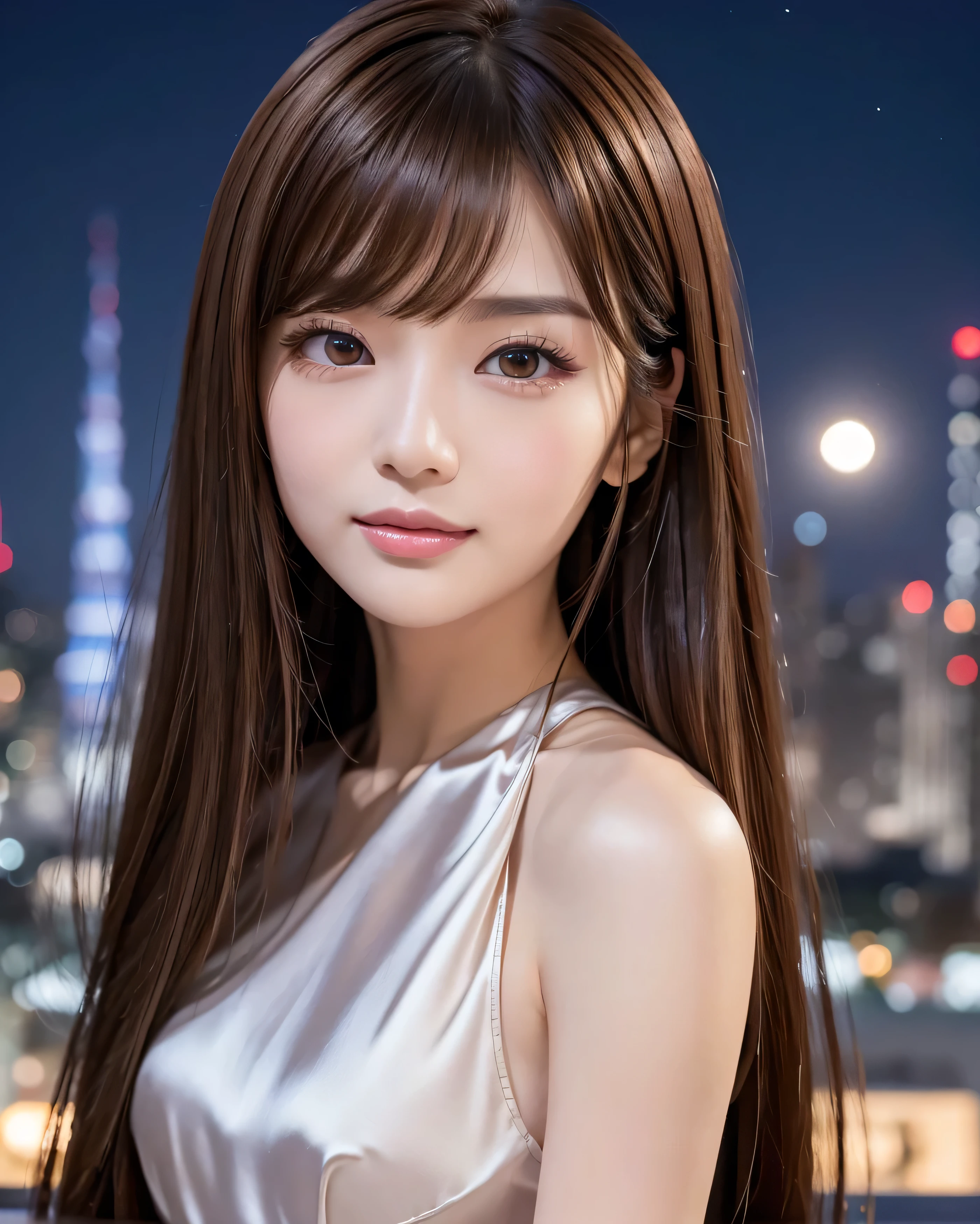 (highest quality, 32k, High resolution, masterpiece:1.5, ), marimo_jet, Impressive photographs in abstract style, Evokes a sense of calming serenity and elusive beauty, Very rich emotional expression, Have a rich imagination, Beautiful Japanese Girls, An exceptionally beautiful face, Small Face Beauty, Perfect Human Anatomy, Magical big eyes, Motherhood and generosity, Deep Love, fleeting smile, ((Shiny brown hair:1.1)), ((Super Long Straight Silk Hair)), Asymmetrical bangs, Hair between the eyes, Transparent, soft white skin, Sharp eyebrows, Thin lashes, Natural Makeup, Cheek highlighter, Pale pink detailed lips, (Black silk dress:1.2), High resolutionの美しい太もも, (whole body:1.3), The rooftop of the tallest building, city illumination, Detailed full moon and starry sky, Beautiful moonlight, Professional Lighting, Professional Photographer, Professional models, mysterious