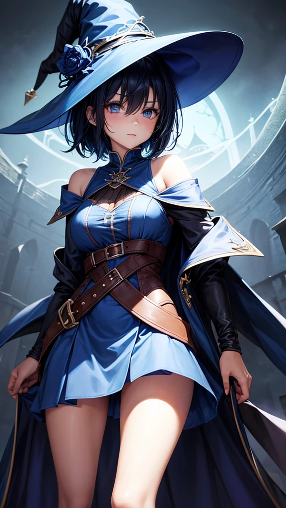 medium breast, Short blue hair. She has blue slanted eyes. Straight hair to the shoulder wearing a large witch hat. Wearing a blue laytex outfit with knee high heel, dark castle interior background,