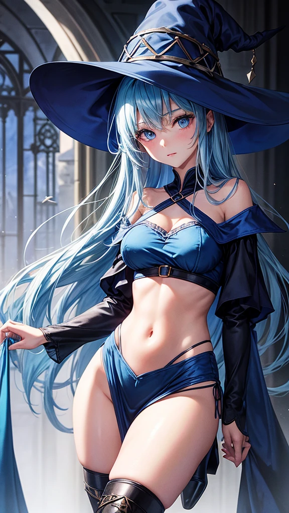  medium breast, Short blue hair. She has blue slanted eyes. Straight hair to the shoulder wearing a large witch hat. Wearing a blue laytex outfit with knee high heel, dark castle interior background, 