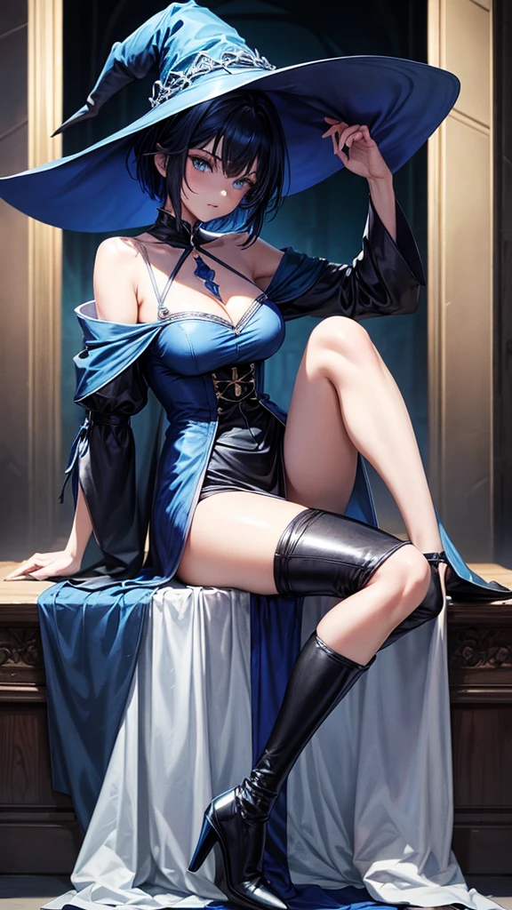 medium breast, Short blue hair. She has blue slanted eyes. Straight hair to the shoulder wearing a large witch hat. Wearing a blue laytex outfit with knee high heel, dark castle interior background,