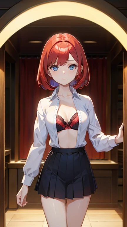 An anime girl with red hair and blue eyes wearing a skirt and an open shirt revealing a black and red bra
