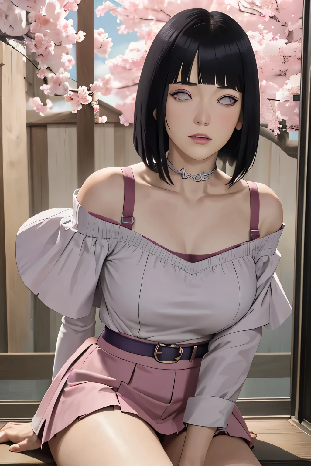 masterpiece, absurdres, hinata\(boruto\), 1girl, solo,mature female, off-shoulder strap bra, high waist short skirt, looking at viewer, (falling petals), perfect composition, detailed lips, big breast, beautiful face, body propotion, blush, (pink lips), long hair,  purple eyes,  soft gaze,  super realistic, detailed, photoshoot, realistic face and body,