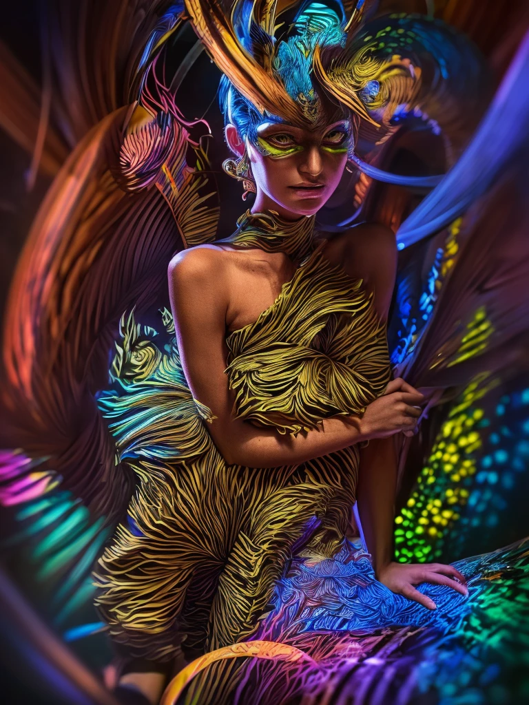 a Surreal, Twisted, and psychedelic depiction of a girl in a state of Insanity, (highest quality,4K,8k,High resolution,masterpiece:1.2),Super detailed,(Realistic,photoRealistic,photo-Realistic:1.37),Highly detailed eyes and face, Long eyelashes, Beautiful lip detail, Complex and chaotic background, A vibrant and unsettling color palette, Dramatic lighting and shadows, Abstract and distorted elements, (Insanity,Surreal,psychedelic,Twisted:1.4), Dark fantasy, Digital Painting, Structure of the film