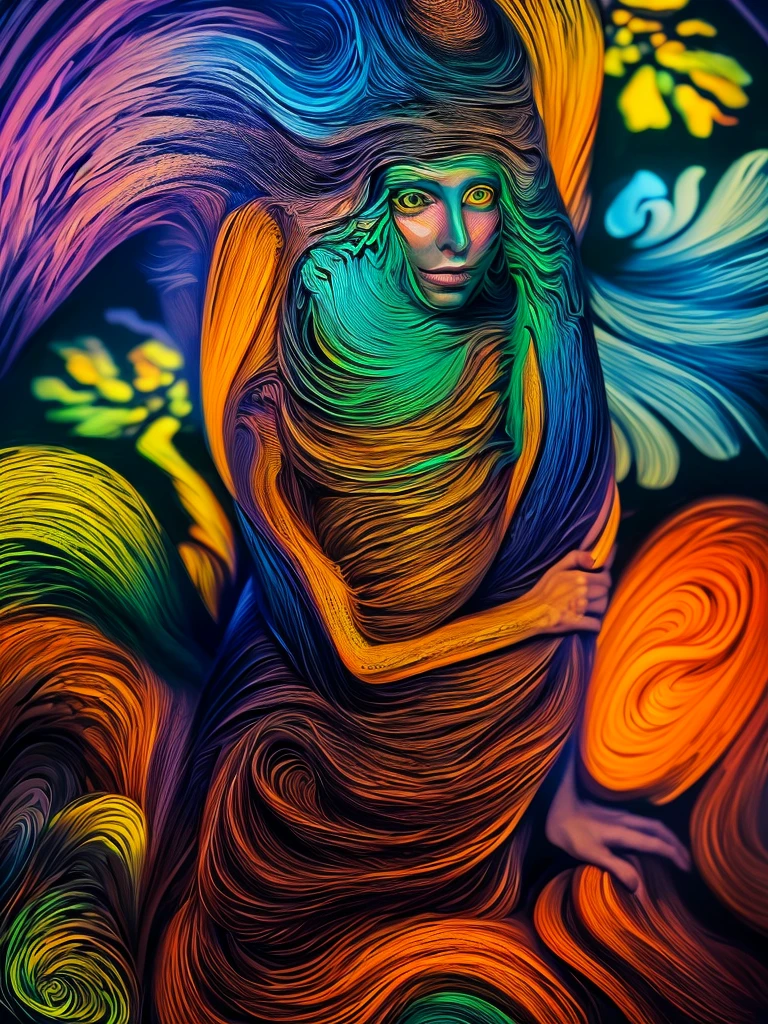 a Surreal, Twisted, and psychedelic depiction of a girl in a state of Insanity, (highest quality,4K,8k,High resolution,masterpiece:1.2),Super detailed,(Realistic,photoRealistic,photo-Realistic:1.37),Highly detailed eyes and face, Long eyelashes, Beautiful lip detail, Complex and chaotic background, A vibrant and unsettling color palette, Dramatic lighting and shadows, Abstract and distorted elements, (Insanity,Surreal,psychedelic,Twisted:1.4), Dark fantasy, Digital Painting, Structure of the film