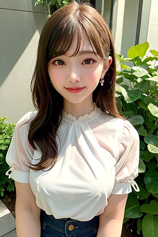 ((highest quality)) ((masterpiece)) (detailed) Perfect Face Pulling up hair garden ((White blouse)) skirt smile No underwear