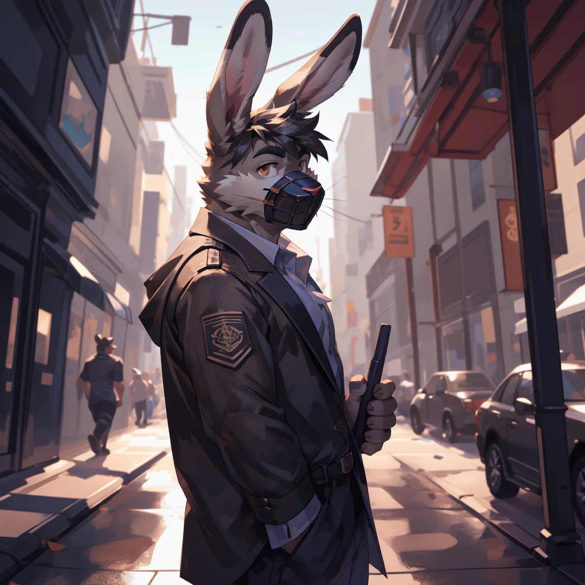 Solo, male, standing, street, medium muscular, smirking, social clothes, handsome, young attractive rabbit, light gray rabbit, rabbit ears, raised bunny ears, perfect nose, eyes, muzzle, rabbit nose, male face ((short hair, gray)), brown eyes, By mystikfox61