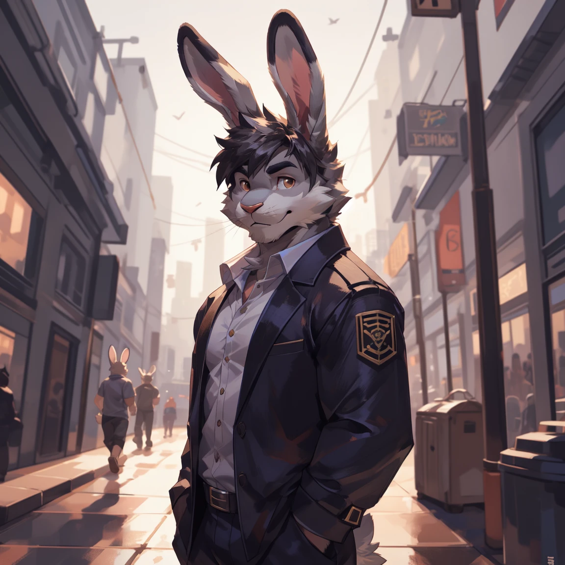 Solo, male, standing, street, medium muscular, smirking, social clothes, handsome, young attractive rabbit, light gray rabbit, rabbit ears, raised bunny ears, perfect nose, eyes, muzzle, rabbit nose, male face ((short hair, gray)), brown eyes, By mystikfox61