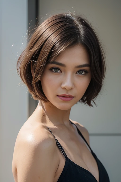 belle fille aux cheveux asiatiques noirs, medium bob haircut, curly hair, sexy, pale skin, very realistic. very detailed eyes, high quality image. espace, galaxie, univers