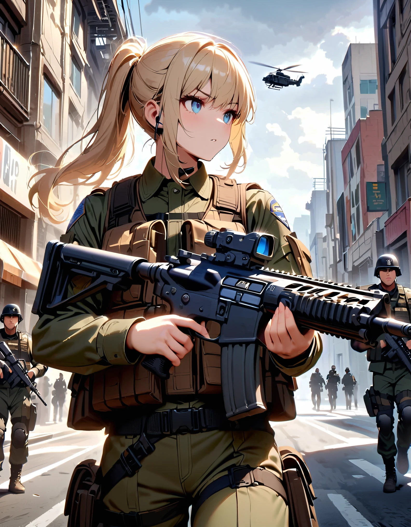 best quality, masterpiece, highres, (solo, solo focus), 1lady. blonde hair, long hair, ponytail, blue eyes, beautiful detailed eyes, beautiful detailed face. looking away, concerned look, US soldier, olive green uniform, combat boots, assault vest, radio headset, holding an assault rifle. los Angeles street backdrop, daytime, semi-realistic. helicopter hovering in the sky. LAPD police cars and policemen patrol the backdrop. moody atmosphere.
