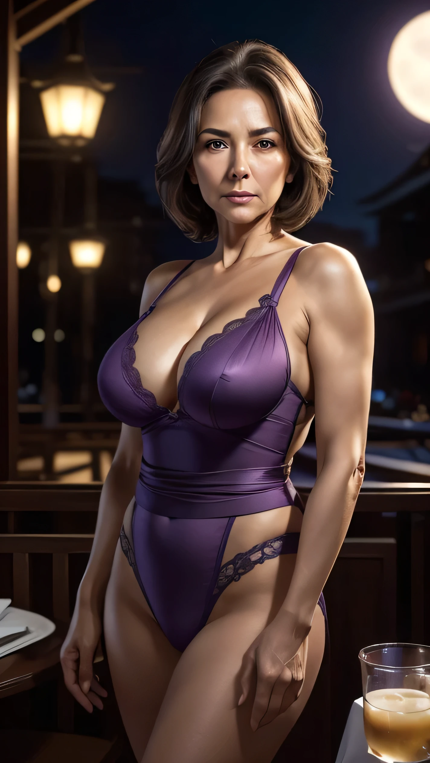 65 years old,(Mature Woman:1.2), Captivating Gaze,length, old, Gray Hair,Brown eyes, (She has many wrinkles on her face:1.4), (there are many wrinkles on her chest..4),old woman, Fine Lines (8k, High resolution,super high quality, Ultra HD,Surreal,highest quality,Masseter region:1.2)(Big Breasts,Big cleavage:1.1) ,(old woman in Japan), Beautiful purple underwear,Eyes visible through hair, Proper eye position,Cinematic Light,Soft Light,Waist,At night,Soft moonlight,detailed color graded background,Complex, Very detailed,8k,Overall silhouette,restaurant,Looking down