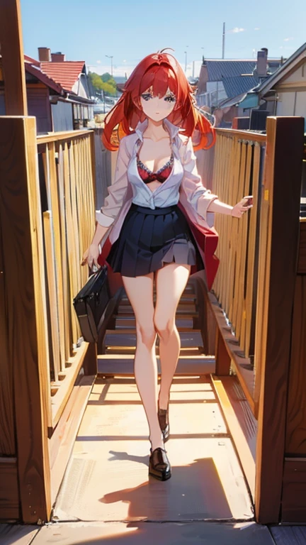 An anime girl with red hair and blue eyes wearing a skirt and an open shirt revealing a black and red bra