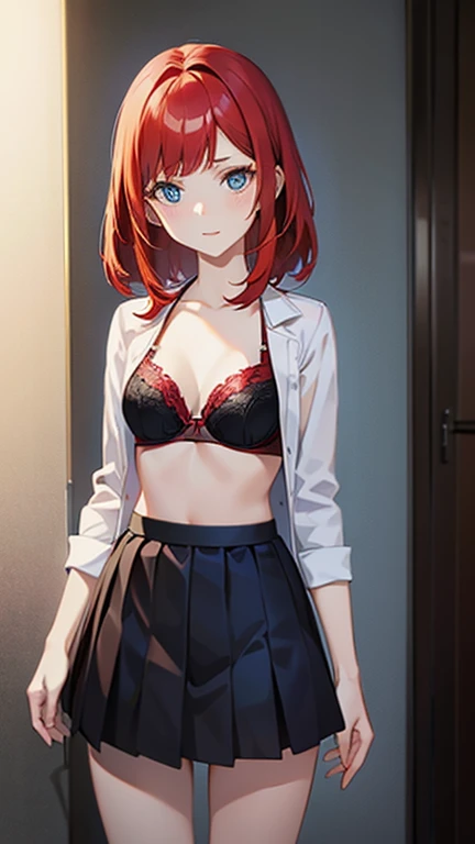 An anime girl with red hair and blue eyes wearing a skirt and an open shirt revealing a black and red bra