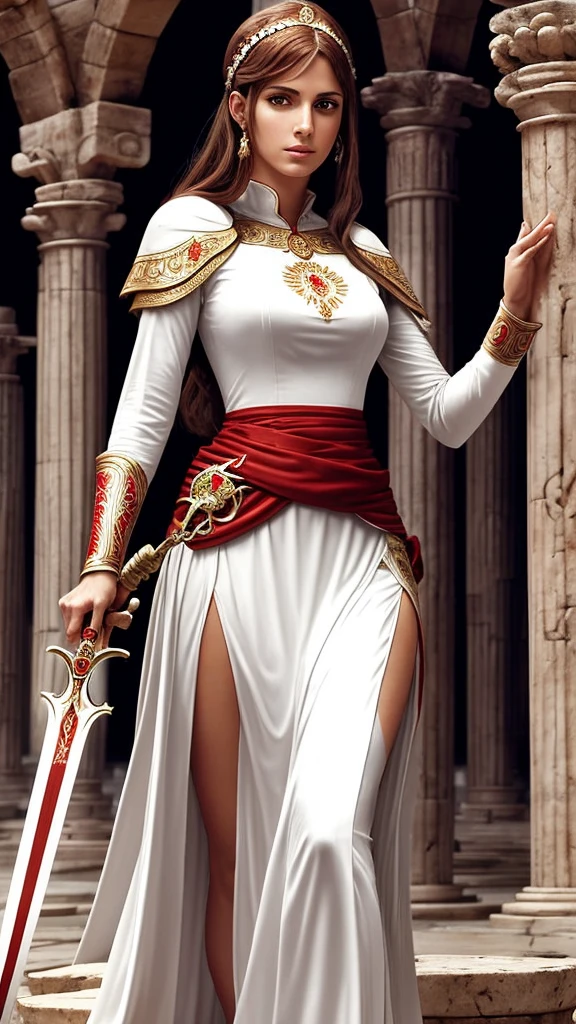Tarot, Mujer de pie con una espada en las manos, wears a white and red tunic, en el fondo hay dos columnas romanas