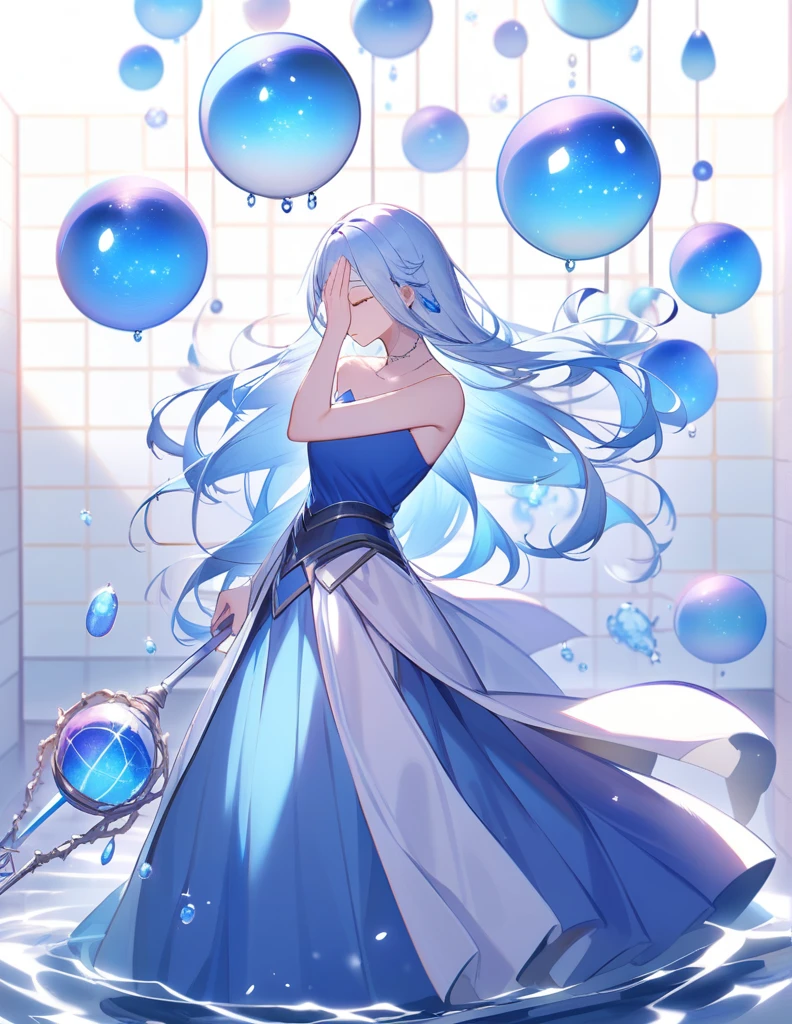 ((On front a white coloured Tiled Wall)) inside a large Water CAPSULE with water falling down and up around her is a Beautiful gil with long Light blue hair, a viel cover her face. she wears ancient long blue splited skirts on both sides of long skirt. Aslo wear a blue strapless tank top. The Character holds a scepter that has atoms blue sphere with molecules