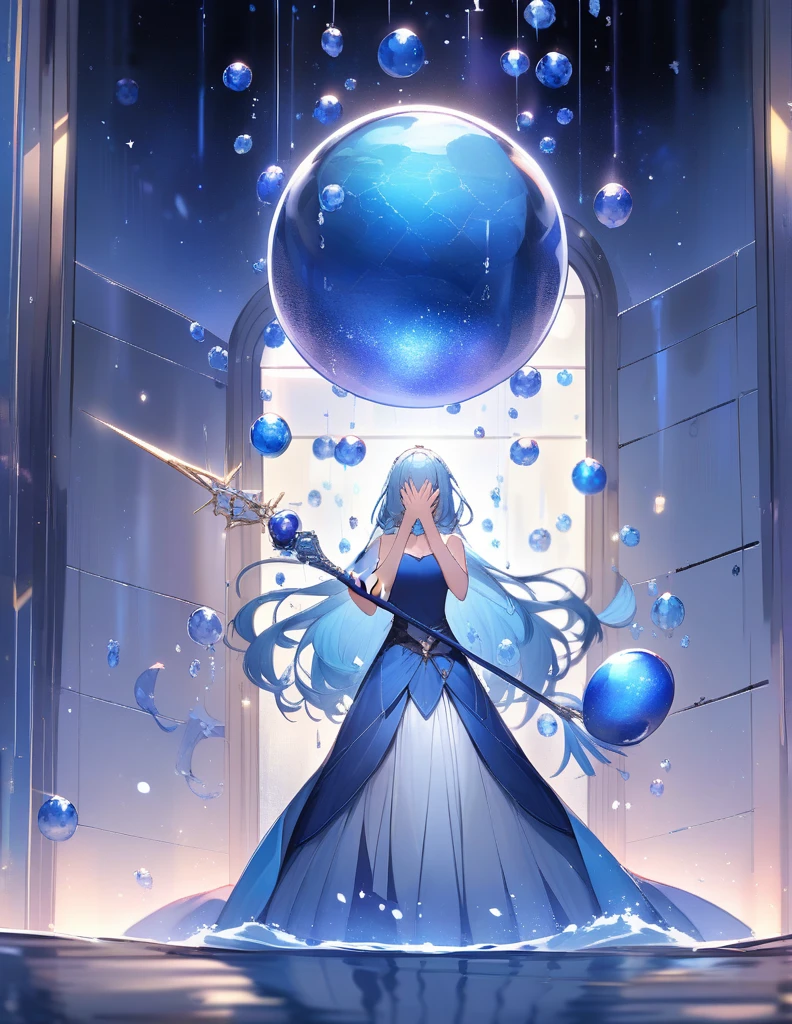 ((On front a white coloured Tiled Wall)) inside a large Water CAPSULE with water falling down and up around her is a Beautiful gil with long Light blue hair, a viel cover her face. she wears ancient long blue splited skirts on both sides of long skirt. Aslo wear a blue strapless tank top. The Character holds a scepter that has atoms blue sphere with molecules