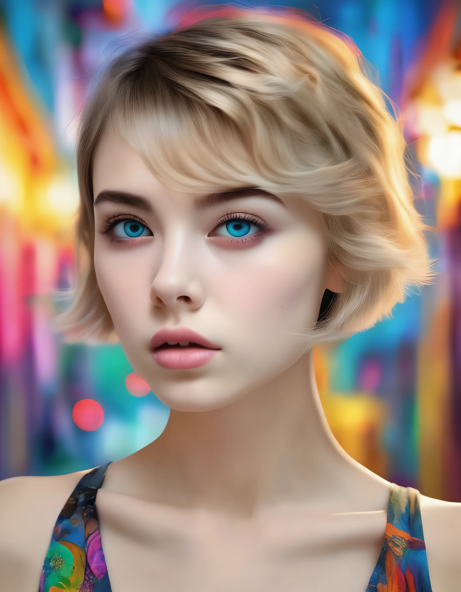 An artwork, highest quality, 1. Female, 20 years old, ((short hair)), Surrealism, vivid colors, (ultra-detailed,photo-realistic), beautiful detailed eyes, beautiful detailed lips, extremely detailed face, dreamlike atmosphere, vibrant expression, imaginative elements, abstract background, soft lighting, mysterious vibe, (masterpiece:1.2), professional rendering.