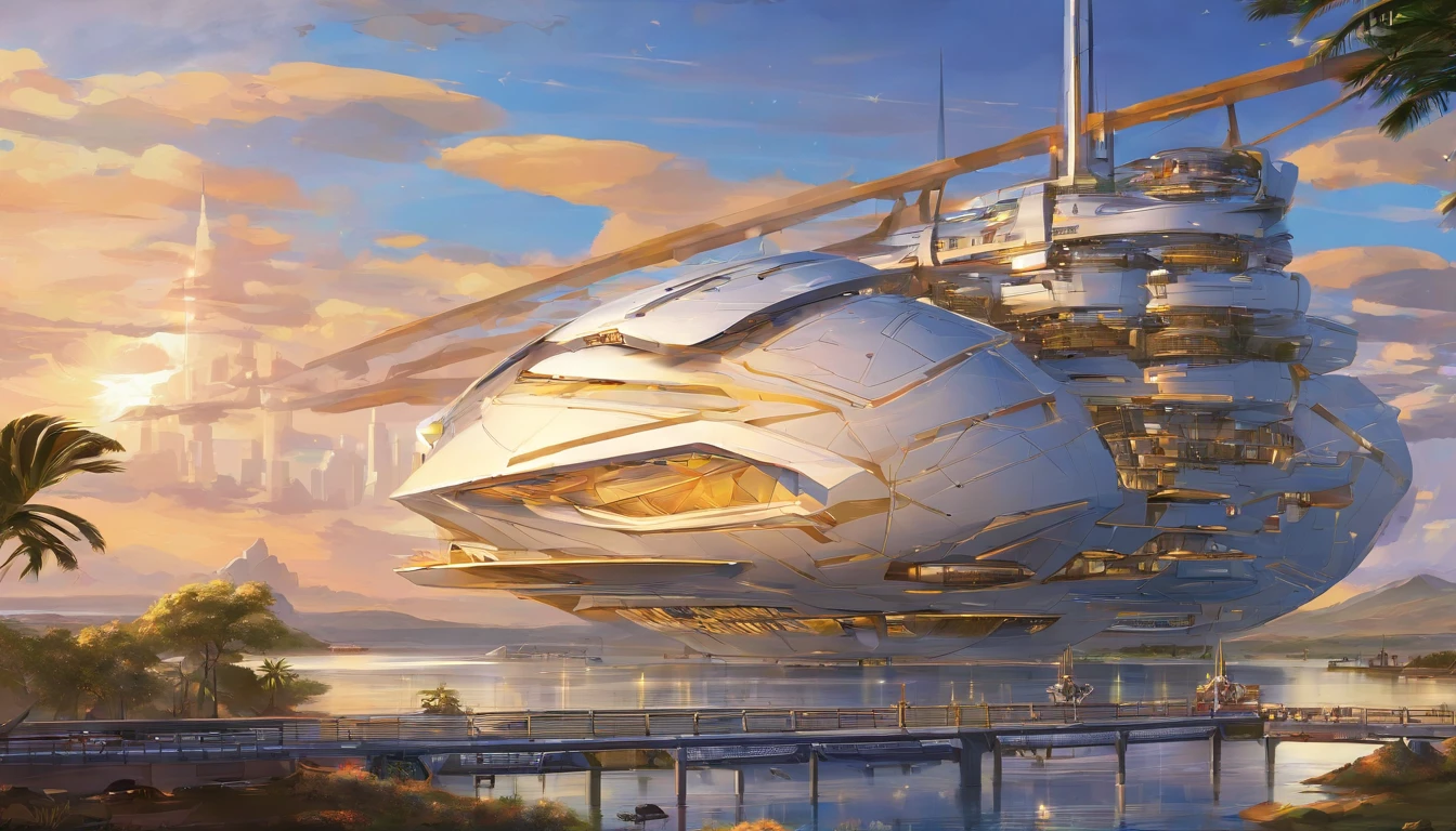 The primary colors of the starship are neon gold and candy apple red color, creating a striking contrast against the vastness of space. Cream-colored diamond ruby nacelles, elegantly angled at 75 degrees, emit a mesmerizing neon yellow light, adding to the ship's futuristic allure.The design of the starship draws inspiration from the visionary styles of Jules Verne, the intricate mechanical sketches of Leonardo Da Vinci, & Edgar Rice Burroughs. Its silhouette echoes the iconic Agamemnon from Babylon 5, featuring distinctive elements such as a rounded 1974 Winnebago-inspired cylindrical bridge. This bridge commands attention with its impressive dimensions: 108 feet in length, 72 feet in width, and towering 36 ft high above from the 48 ft cobalt platinum industrial supports, that come up from the base of the ship. Moving along the starship, the cylindrical middle section extends 36 ft in height,288 feet in length, and spans144 ft in width, showcasing intricate details and geometric patterns that reflect both artistic mastery and advanced technology.The mid section is only 24 ft, up from the base,with industrial wired platinum cobalt steel supports. The sleek design base, similar to a Freightliner, that stretches a staggering 576 ft in length,48 ft high , & 820 ft wide emphasizing the ship's immense scale and capability. Against the backdrop of deep space, speckled with distant stars and nebulae, the starship exudes a sense of grandeur and exploration. The play of light and shadow across its surfaces enhances the realism of the painting, highlighting every curve, panel, and intricate detail of its construction. This futuristic masterpiece invites viewers to imagine the possibilities of space exploration and tech