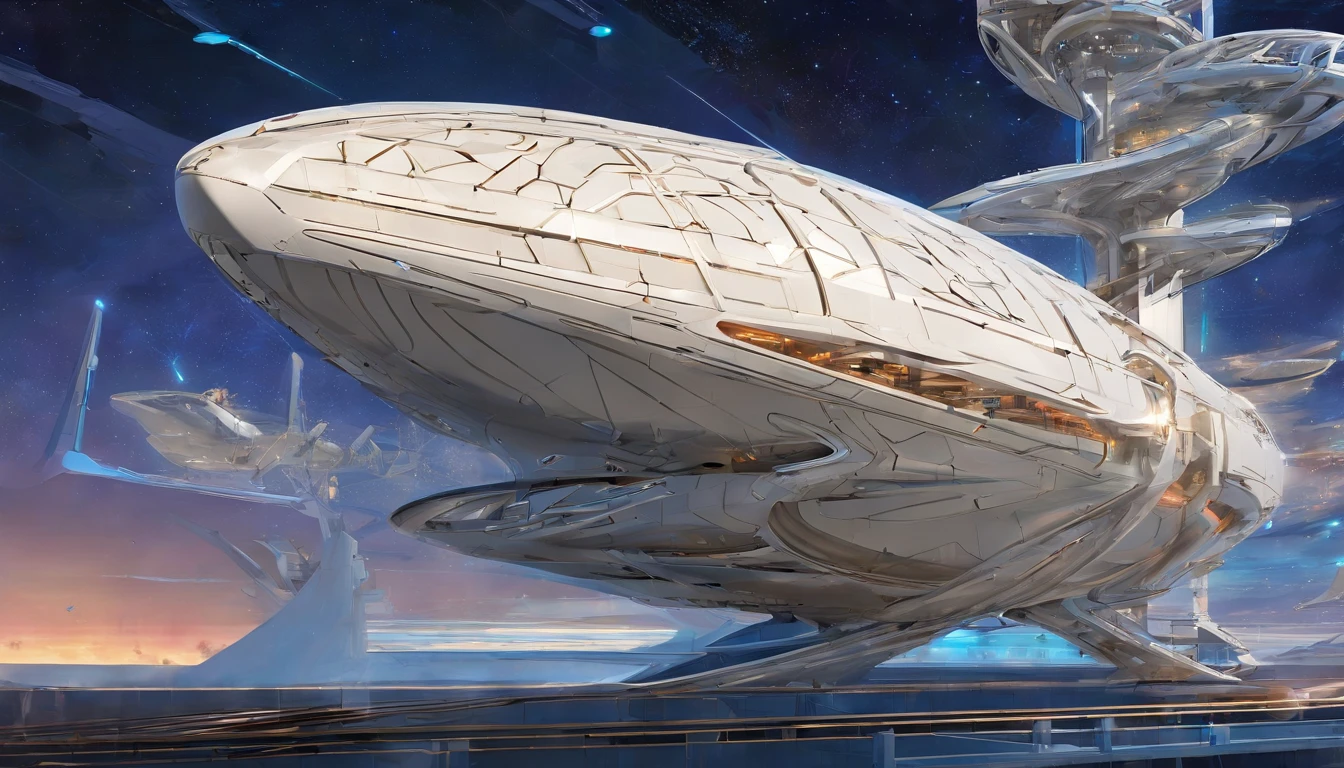The primary colors of the starship are neon gold and candy apple red color, creating a striking contrast against the vastness of space. Cream-colored diamond ruby nacelles, elegantly angled at 75 degrees, emit a mesmerizing neon yellow light, adding to the ship's futuristic allure.The design of the starship draws inspiration from the visionary styles of Jules Verne, the intricate mechanical sketches of Leonardo Da Vinci, & Edgar Rice Burroughs. Its silhouette echoes the iconic Agamemnon from Babylon 5, featuring distinctive elements such as a rounded 1974 Winnebago-inspired cylindrical bridge. This bridge commands attention with its impressive dimensions: 108 feet in length, 72 feet in width, and towering 36 ft high above from the 48 ft cobalt platinum industrial supports, that come up from the base of the ship. Moving along the starship, the cylindrical middle section extends 36 ft in height,288 feet in length, and spans144 ft in width, showcasing intricate details and geometric patterns that reflect both artistic mastery and advanced technology.The mid section is only 24 ft, up from the base,with industrial wired platinum cobalt steel supports. The sleek design base, similar to a Freightliner, that stretches a staggering 576 ft in length,48 ft high , & 820 ft wide emphasizing the ship's immense scale and capability. Against the backdrop of deep space, speckled with distant stars and nebulae, the starship exudes a sense of grandeur and exploration. The play of light and shadow across its surfaces enhances the realism of the painting, highlighting every curve, panel, and intricate detail of its construction. This futuristic masterpiece invites viewers to imagine the possibilities of space exploration and tech
