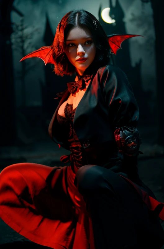 Are you okay, (Best illustrations), 8K resolution, squat、Intricate details, highest quality, Realistic, Super detailed, Best lighting, Best Shadow, Ultra HD, Necromancer, night, magic, Dark Style, vampire, Bat Wings, Red glowing eyes, Dracula,  moon,