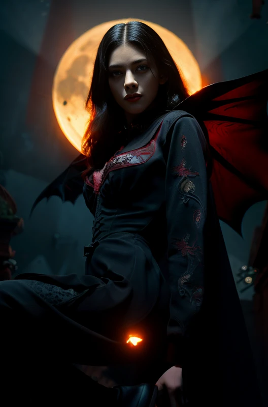 Are you okay, (Best illustrations), 8K resolution, squat、Intricate details, highest quality, Realistic, Super detailed, Best lighting, Best Shadow, Ultra HD, Necromancer, night, magic, Dark Style, vampire, Bat Wings, Red glowing eyes, Dracula,  moon,