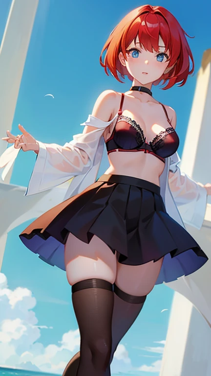 An anime girl with red hair and blue eyes wearing a skirt and an open shirt revealing a black and red bra