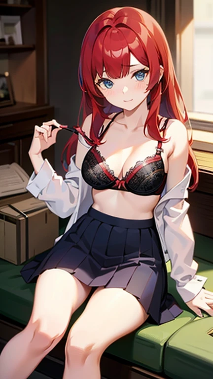 An anime girl with red hair and blue eyes wearing a skirt and an open shirt revealing a black and red bra