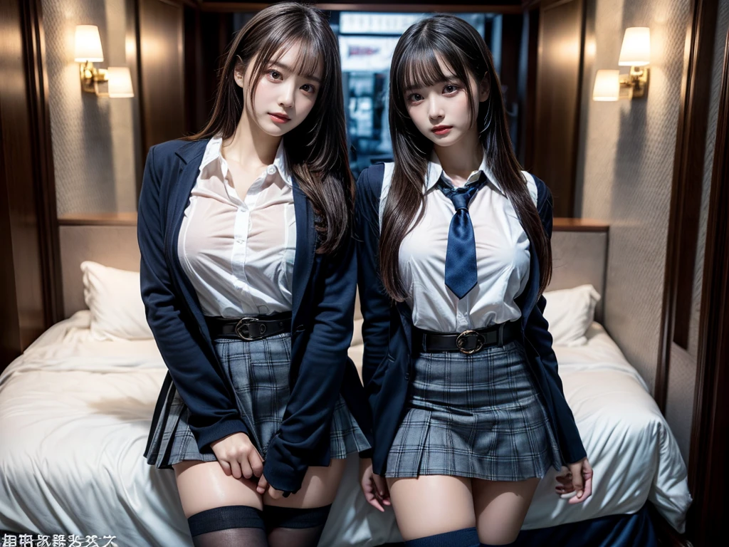(8K, Raw photography, top-quality, ​masterpiece:1.2), master piece, best quality, illustration, Super detailed, fine details, High resolution, 8K,wall paper, perfect dynamic composition,(Details High quality, realistic depiction of eyes:1.3), ((2 girls, 2 schoolgirls)), The background is a luxury hotel room、High school girl uniform、blazer 、Super Short Check Uniform Skirt、Navy blue high socks、garterbelts、Colossal tits、Disturbed uniform, Play with each other,Touching each other's bodies,Touching the body of the girl next door, short bob hair, black hair color, huge breasts, Big Natural Color Lip, bold sexy pose, (perfect body shape), crying a little、cold gaze,  Beautiful makeup,glitter makeup,Cutest 18 years old, beautiful legs, hposing Gravure Idol, Voluptuous thighs