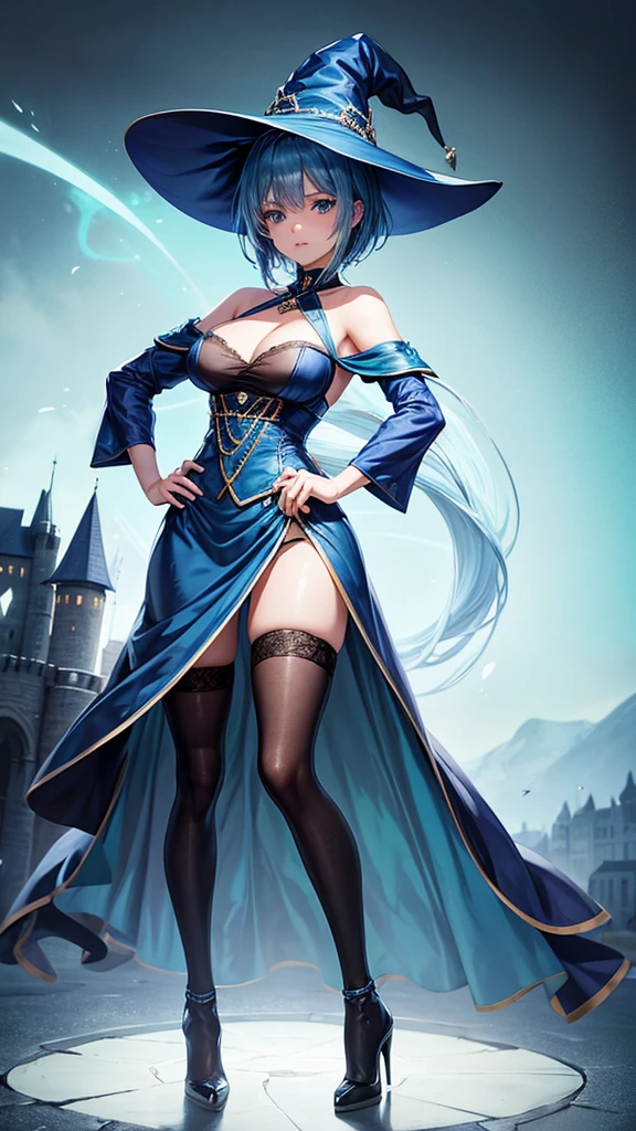 medium breast, Short blue hair. She has blue slanted eyes. Straight hair to the shoulder wearing a large witch hat. Wearing aqua blue laytex outfit with knee high heel, dark castle interior background, hands on hips