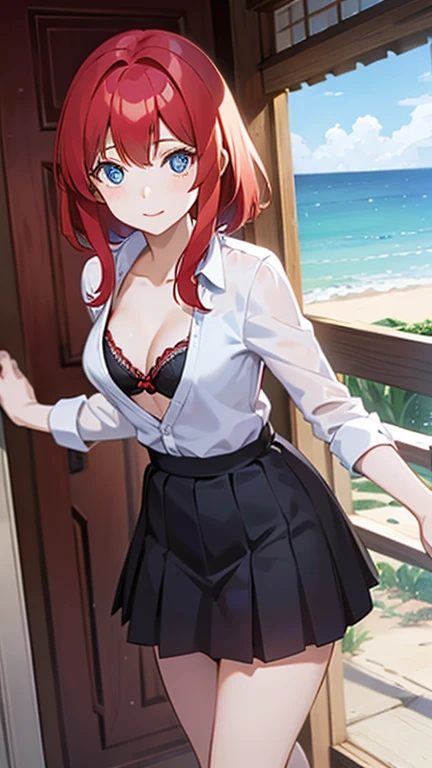 An anime girl with red hair and blue eyes wearing a skirt and an open shirt revealing a captivating black and red bra