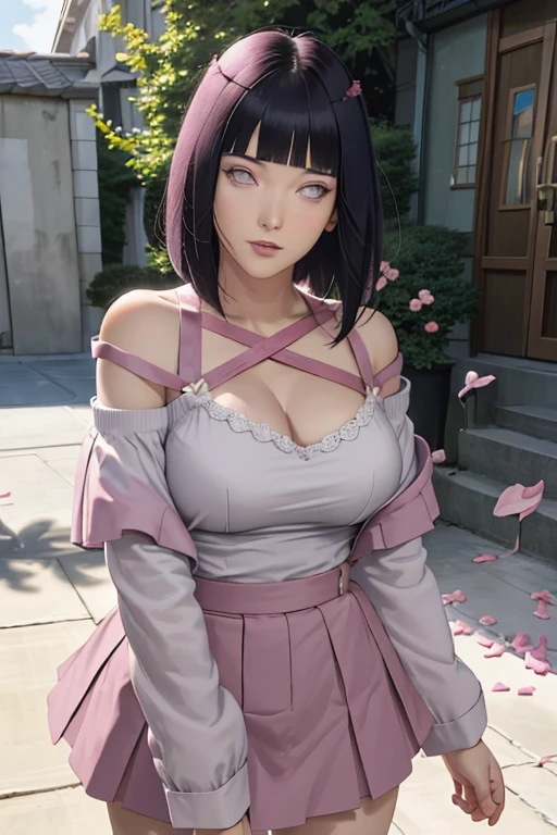 masterpiece, absurdres, hinata\(boruto\), 1girl, solo,mature female, off-shoulder strap bra, high waist short skirt, looking at viewer, (falling petals), perfect composition, detailed lips, big breast, beautiful face, body propotion, blush, (pink lips), long hair, purple eyes, soft gaze, super realistic, detailed, photoshoot, realistic face and body,