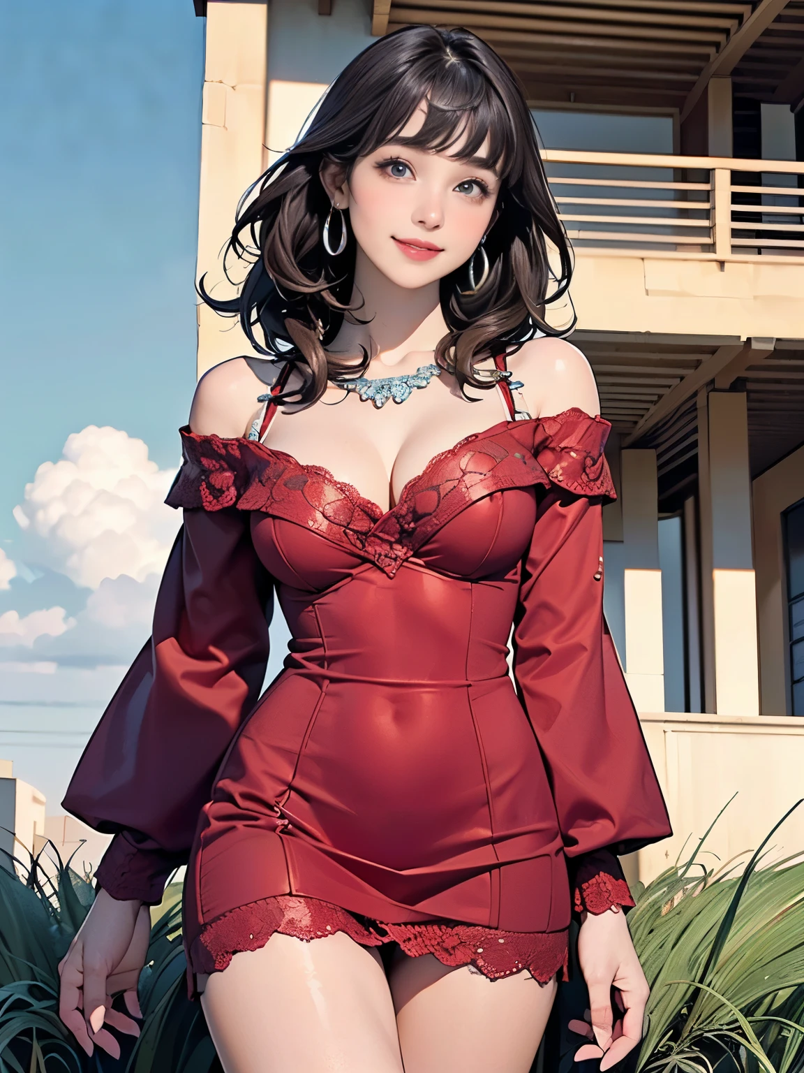 ((((highest quality))))、(((Ultra-precision CG16K wallpaper)))、(((masterpiece)))、(((Super detailed)))、(((Extreme detail)))、((１Mature 29 year old woman:1.6))、((Very beautiful Japanese faces))、((vegetable々Introduction:1.5))、((Straight medium hair、blunt bangs:1.5))、(Shiny brown hair)、Beautiful delicate eyes、Brown Eyes、eyeliner、Eyeshadow、High nose、Small nostrils、Small Mouth、Seductive lips、Beautiful breasts、((C cup size breasts))、Cleavage、Beautiful feet、eight-headed body、Perfect proportions、Perfect Anatomy、Perfect composition、Beautiful detailed shading、Beautiful, natural lighting、Beautiful detail glow、Depth of written boundary、(((High chroma)))、(((Real:1.9)))、((vivid:1.5))、((Beautiful Skin))、((Skin Texture))、((Realな皮膚感))、(((Cowboy Shot:1.6)))、((Front view、shoot from front、Front low angle:1.6))、(((smile:1.6)))、((The woman is looking at this、looking at viewer、Facing forward:1.6))、Bright daylight、Natural light、(((Grass Square、blue sky、cloud:1.3)))、(Walking Pose:1.6)、(((Wine red off-the-shoulder lace knit mini dress:1.6)))、((Earrings、Wearing a necklace:1.3))、((Knee-high socks:1.3))、