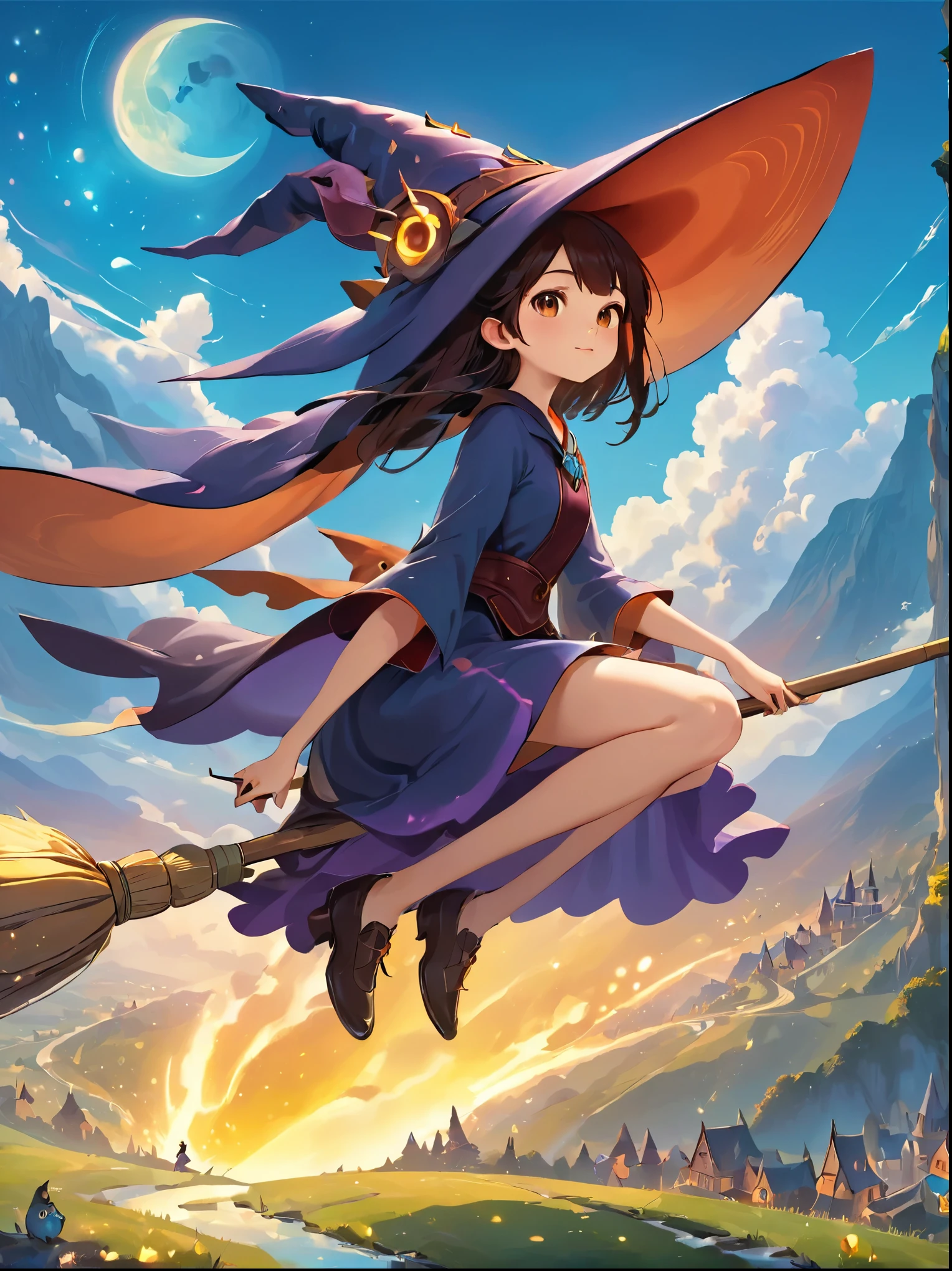 1 girl,Kiki,witchの宅急便,Perfect Face,cute, ((((flying witch))),((Ride a broom)),broom fLight,Straddling the broom,Anatomically correct,(masterpiece, highest quality:1.2),masterpiece,highest quality,最高masterpiece,8k,,Wind,Fantasy,,wonderful,, Mysterious, charm, Whimsical, Playful, Adventurous, free, wonder, imagine, decide, skill, speed, Movement, energy, realism, Naturalistic, Figurative, Represent, beauty, Fantasy culture, myth, fairy tale, Folklore, Legend, witch, Wizard, Magical creatures, Fantasy worlds, composition, scale, Zenikichi, Midpoint, background, perspective, Light, color, texture, become close, beauty, wonder.The owl is watching