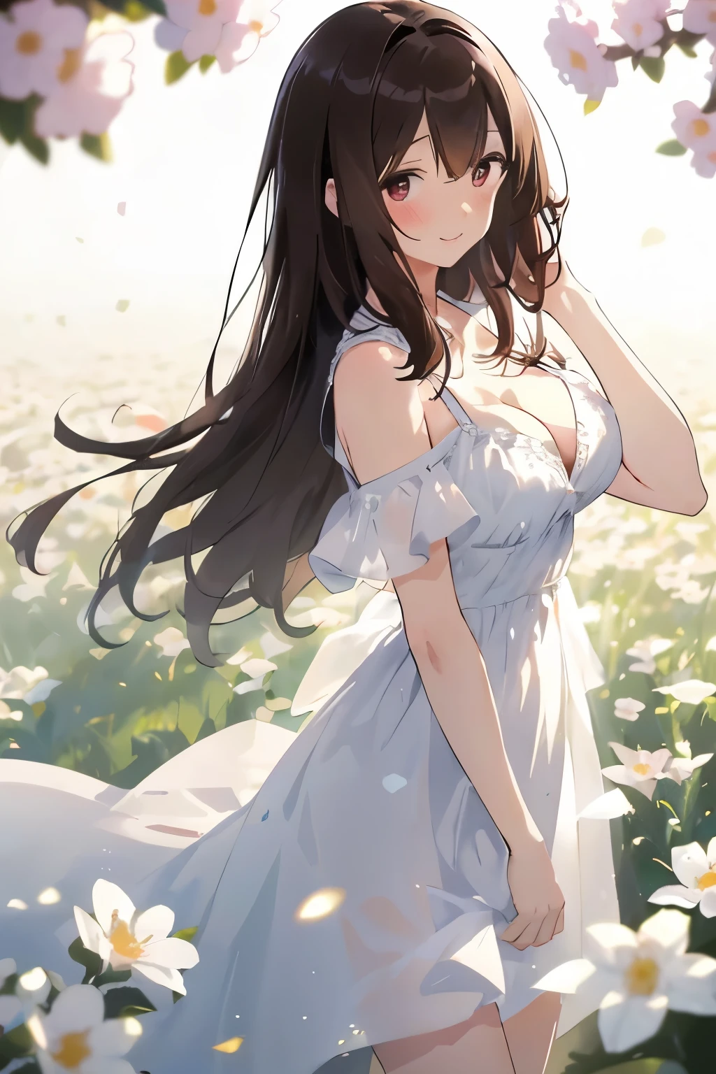 best quality, masterpiece, solo, 1 Female、Age 25、Larger breasts、(Cleavage)、(Slender figure)、sheer white dress、From the side、Poses that emphasize the chest、(White highlight in pupil:1.2)、Dark reddish brown eyes、(Black-haired:1.2)、(Medium Hair)、(View your viewers:1.2)、White skin、(blush)、A shy smile、(Embarrassed expression)、(I blur the background a lot to make the woman stand out.:1.3)、(The sunlight shines in)、(Beautiful flowers in the background)、The wind is blowing