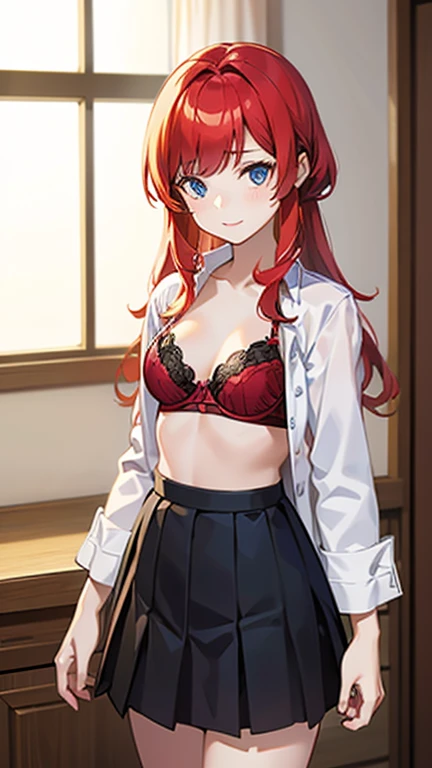 An anime girl with red hair and blue eyes wearing a skirt and an open shirt revealing a black and red bra