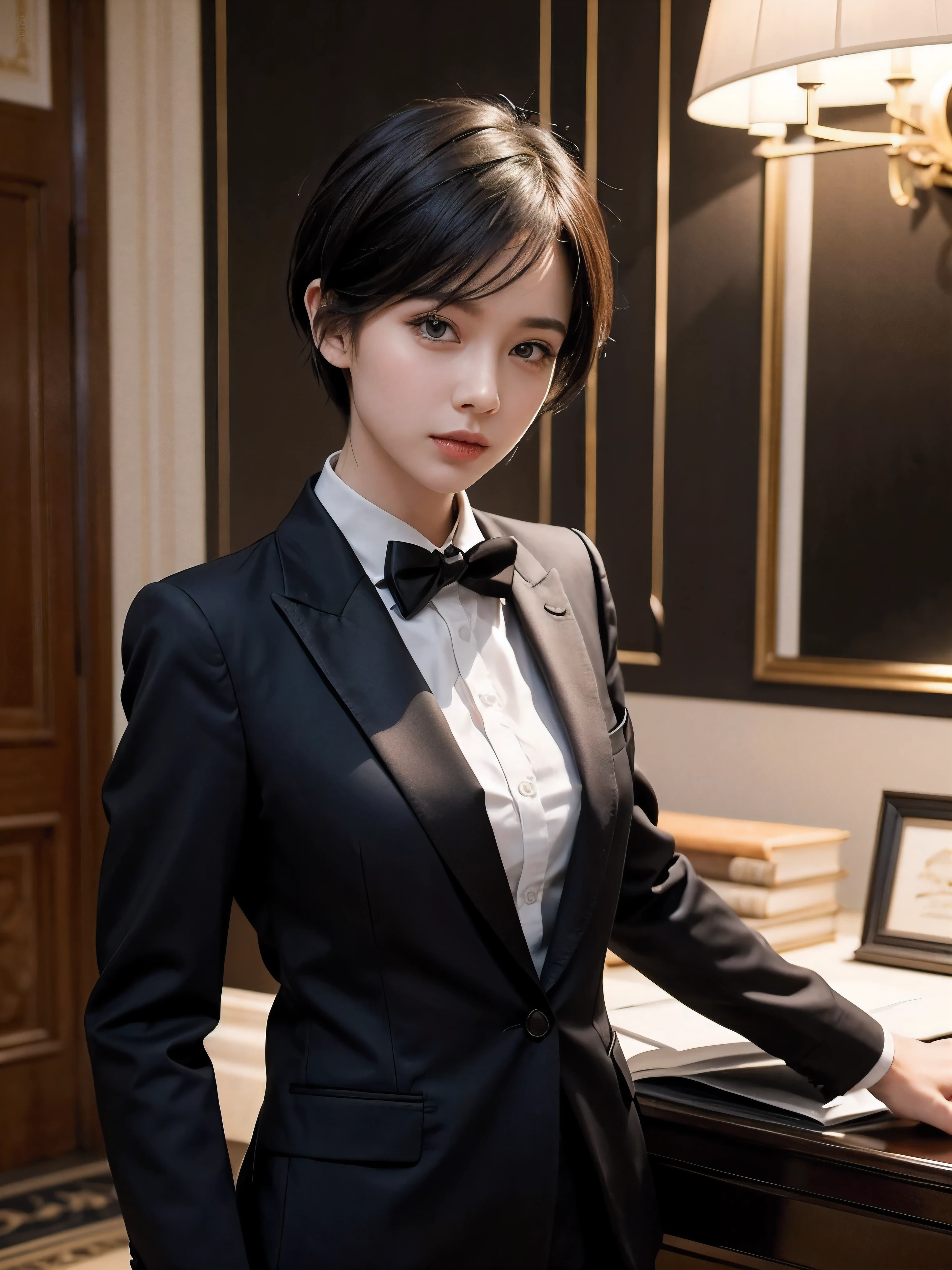 a very beautiful concierge is working at a luxury hotel desk, wearing formal suits, tight pants, medium short cut hair, perfect face, well balanced eyes, realistic, masterpiece, highest quality, Super detailed, full-length photograph