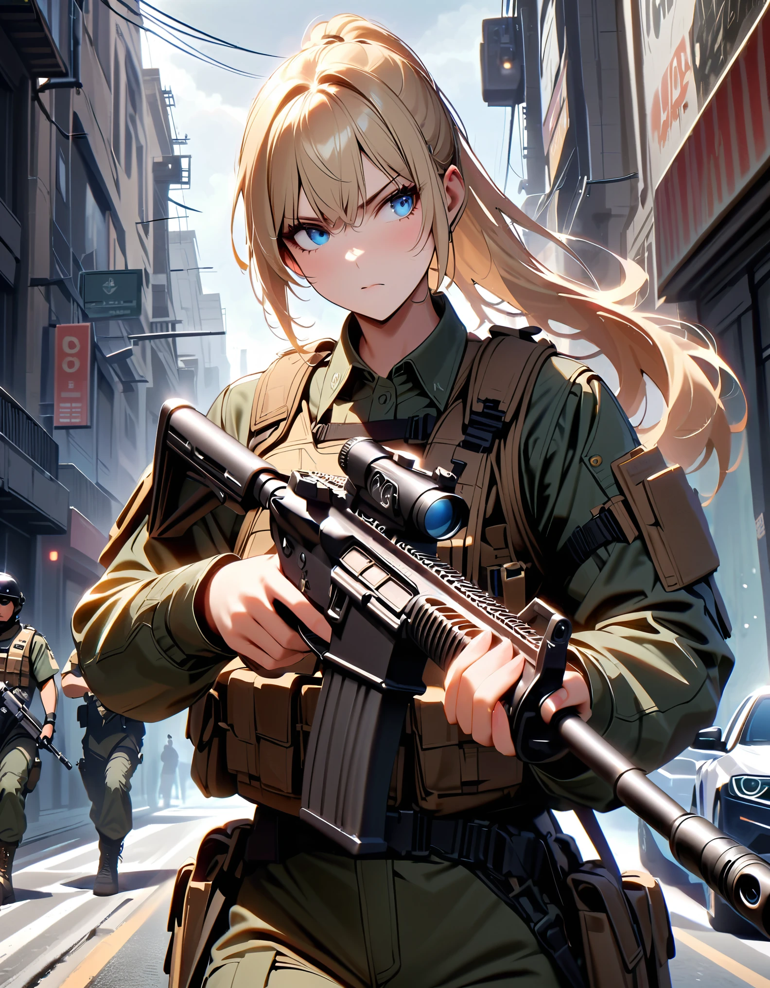 best quality, masterpiece, highres, (solo, solo focus), 1lady. blonde hair, long hair, ponytail, blue eyes, beautiful detailed eyes, beautiful detailed face. looking away, concerned look, US soldier, olive green uniform, combat boots, assault vest, radio headset, holding an assault rifle. los Angeles street backdrop, daytime, semi-realistic. helicopter hovering in the sky. LAPD police cars and policemen patrol the backdrop. moody atmosphere.