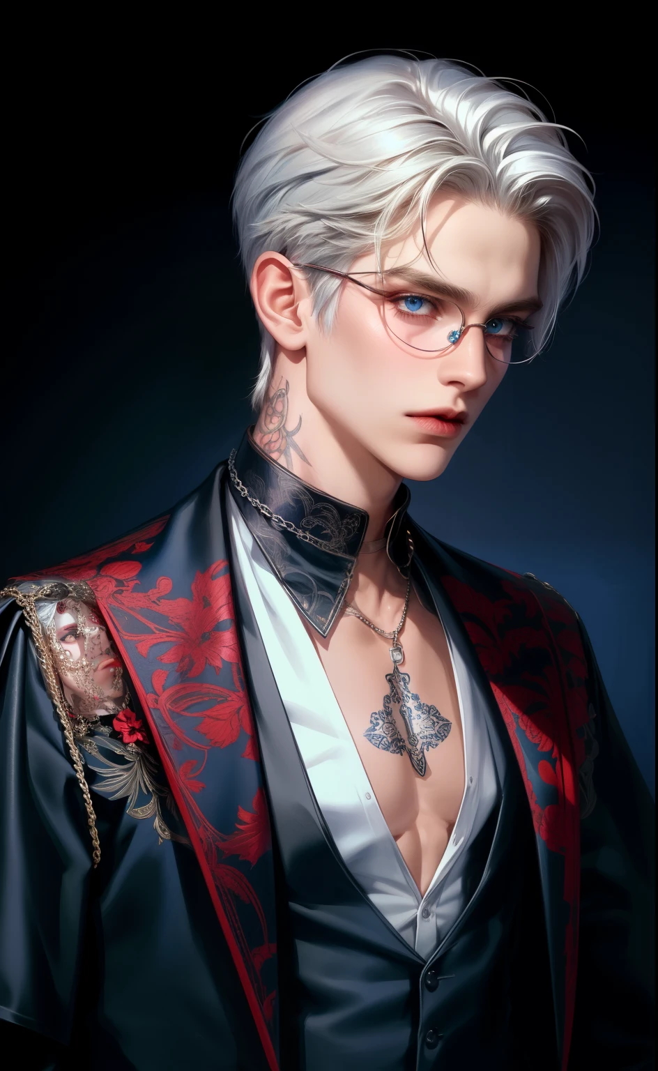 (masterpiece,best quality,ultra_detailed,highres,absurdres),1boy, male focus, tattoo, solo, white hair, chain, dark blue shirt, ((formal dress:1.0)) black necktie, necktie,  background, deep blue eyes, upper body, vest, short hair, looking at viewer, parted lips, round eyewear, long sleeves, neck tattoo, hand on own shoulder, arm tattoo, red background, gucci clothes (looking  away:1.2)