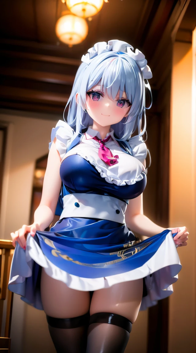 high quality,1cute girl,large brest,transparent maid costume,red tieek,slim west,sadiscated smile,Focus on the person and make them sharp, while blurring the background.cathedral,