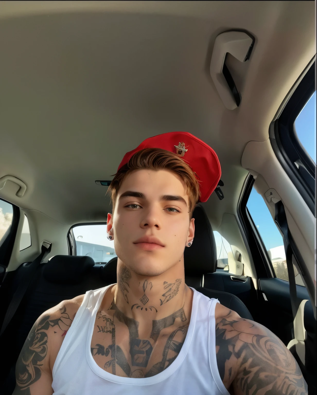 arafed man com tatuagens on his chest and arms in a car, estilo de seb mckinnon, com tatuagens, Tommy 1 6 anos, mateus 9 5, rosto perfeito e menino, Justin Bieber, 18 anos de idade, Christian cline, wearing a red rear-facing cap, ele tem cerca de 20 anos, ele tem cerca de 2 0 anos, luca