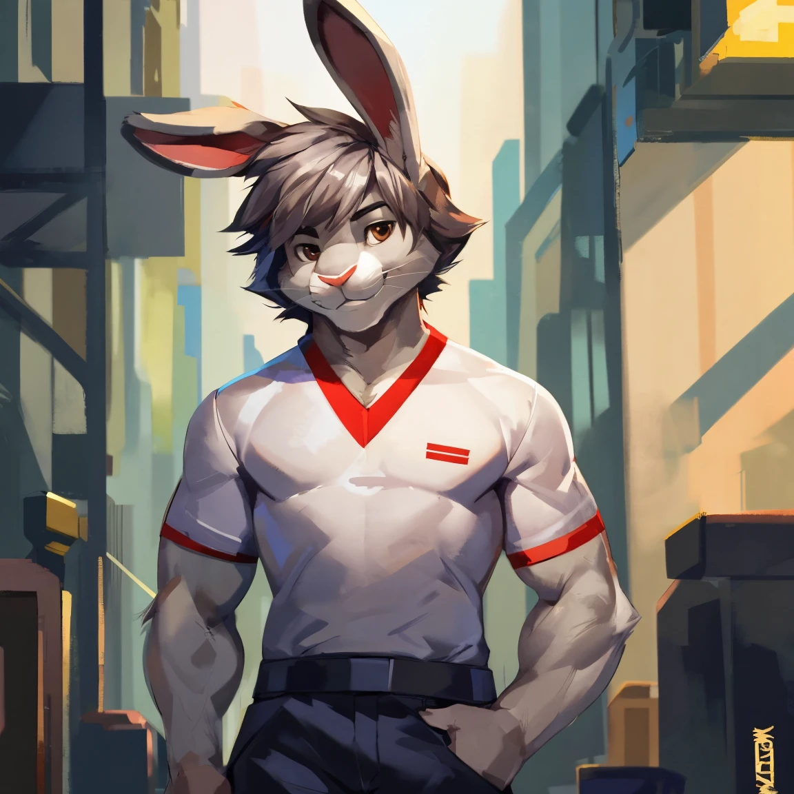 Solo, male, standing, medium muscular, smirking, social clothes, handsome, young attractive rabbit, light gray rabbit, rabbit ears, raised bunny ears, perfect nose, eyes, muzzle, rabbit nose, male face, short hair, gray, hair standing up, brown eyes, By mystikfox61