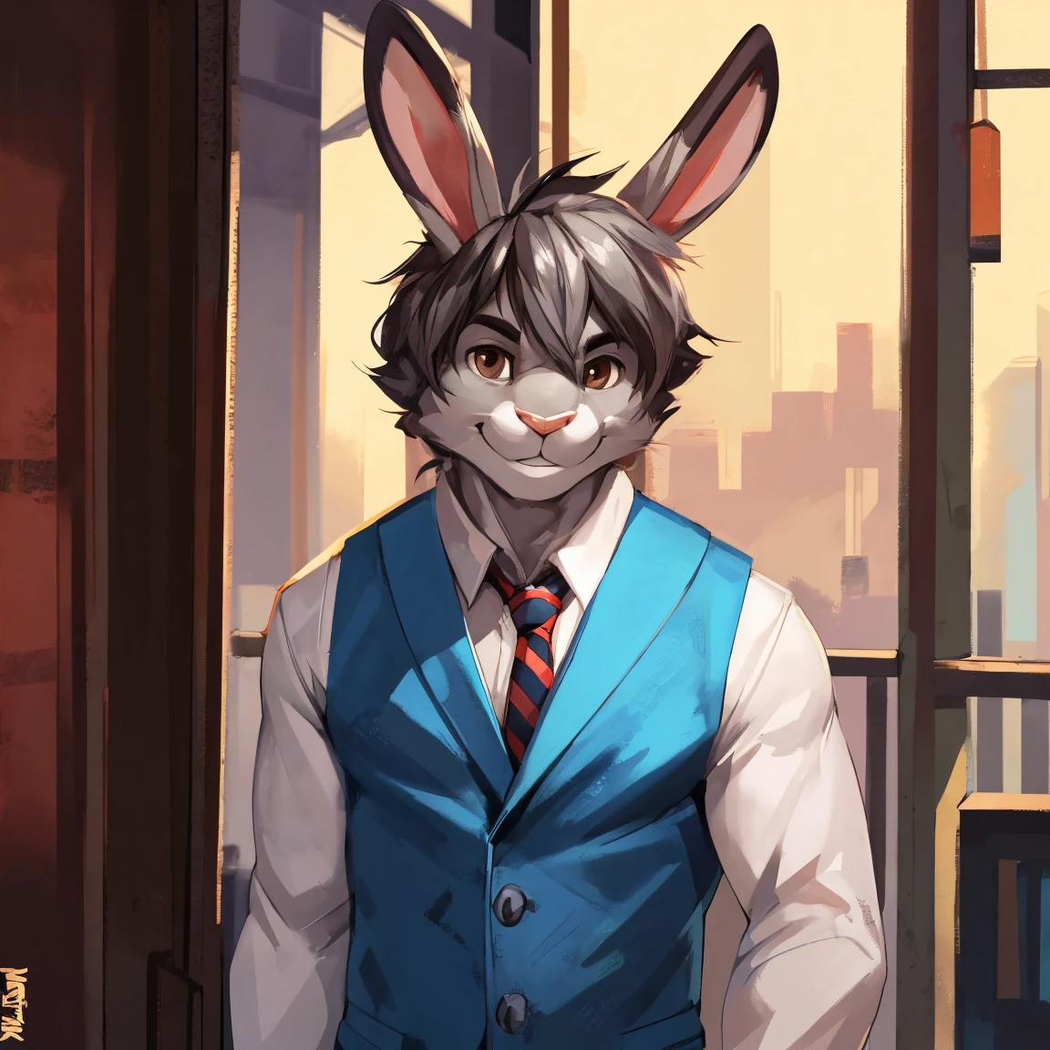 Solo, male, standing, medium muscular, smirking, social clothes, handsome, young attractive rabbit, light gray rabbit, rabbit ears, raised bunny ears, perfect nose, eyes, muzzle, rabbit nose, male face, short hair, gray, hair standing up, brown eyes, By mystikfox61