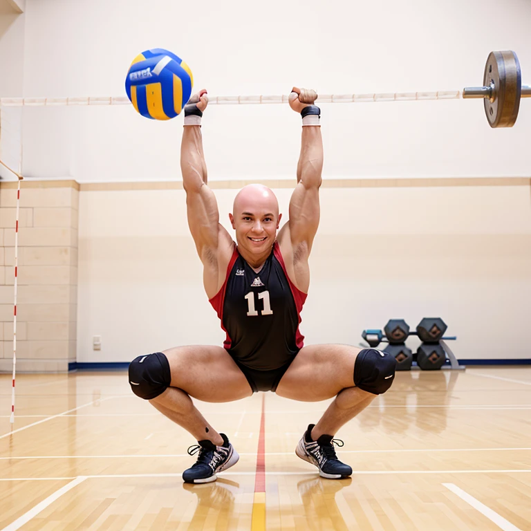 (((Top quality))), (((a boy))), (((((bald))))), (((extremely beautiful face))), ((((muscle)))), smile, full body, sneaker, (((((weight training))))), (volleyball uniform), (((((volleyball))))), (in the fitness gym),