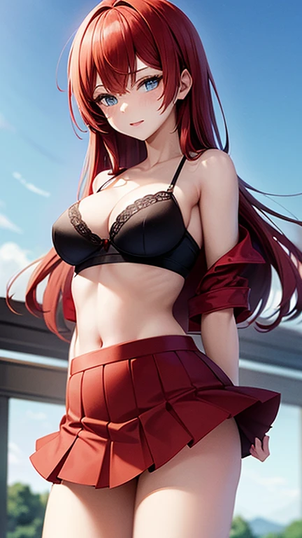 An anime girl with red hair and blue eyes wearing a skirt and an open shirt revealing a black and red bra