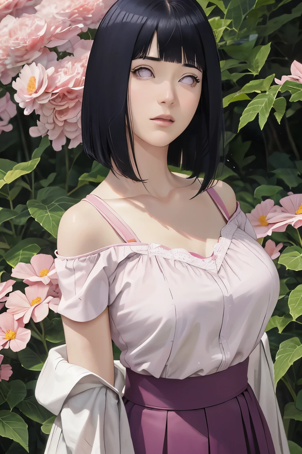 tmasterpiece, hoang lap, hyouka\(Boruto\), 1girll, 独奏,a mature female ,The shoulder straps slip off,cleavage,Large breastteriors,Lavender flower field, looking at viewert, (Falling petals), mostly cloudy sky, perfect compositions, Detailed lipeauitful face, Body support, Be red in the face, (redish pink lips), long whitr hair, White eyes, Soft gaze, Sad smile, Super realistic, A detailed, photoshoot, Realistick faces and bodies, photo-realistic hair, photorealistic eye,realistic nose,realistic lips, completely , facing at viewers, thigh legs, standing, showing , hands up, massive