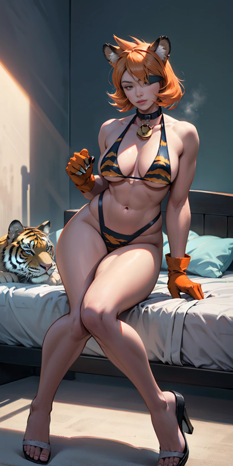 1girl, Misty Pokemon, side ponytail, orange hair gazed (blindfolded), animal tiger ears, animal tiger hands, animal tiger print, bell, bikini, breasts, choker, claws, cleavage, collar, full body, gloves, large breasts, pink lips, long hair, looking at viewer, navel, neck bell, on bed, tiger paw gloves, tail, thigh highs, tiger ears, tiger print, tiger tail, white long hair, sitting on bed bedroom background,  ((perfect face)) ((perfect hands)) high resolution, highly detailed image, thick thighs, Beautiful background, volumetric lighting