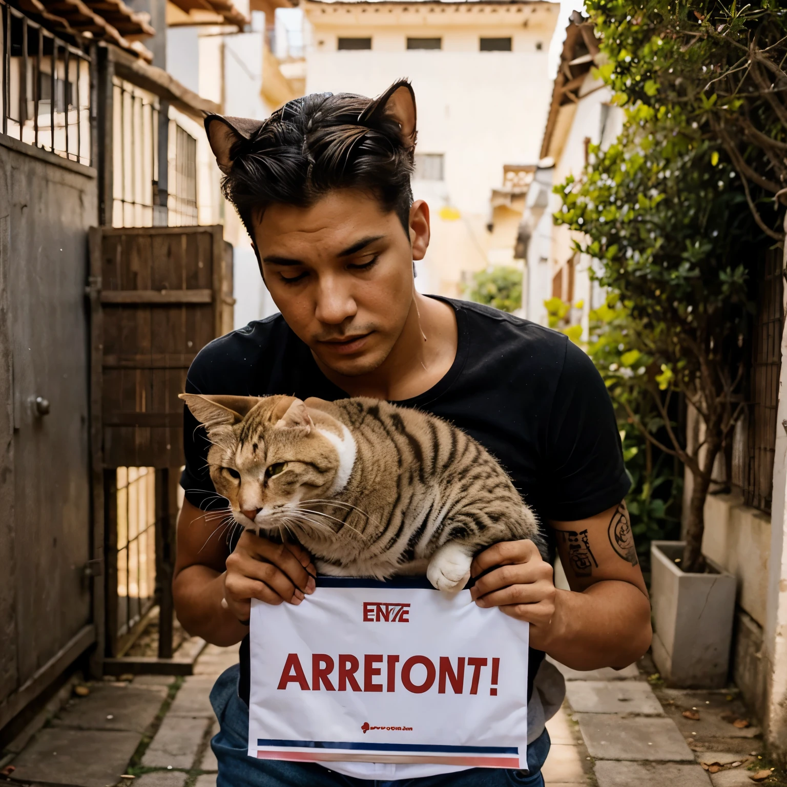 Guerrero gato con cartel de parental advisori